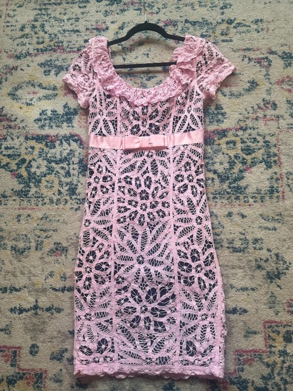 Vintage Betsey Johnson Couture Dress 100% Silk Cotton Lace Pink Bow Mini Dress-4